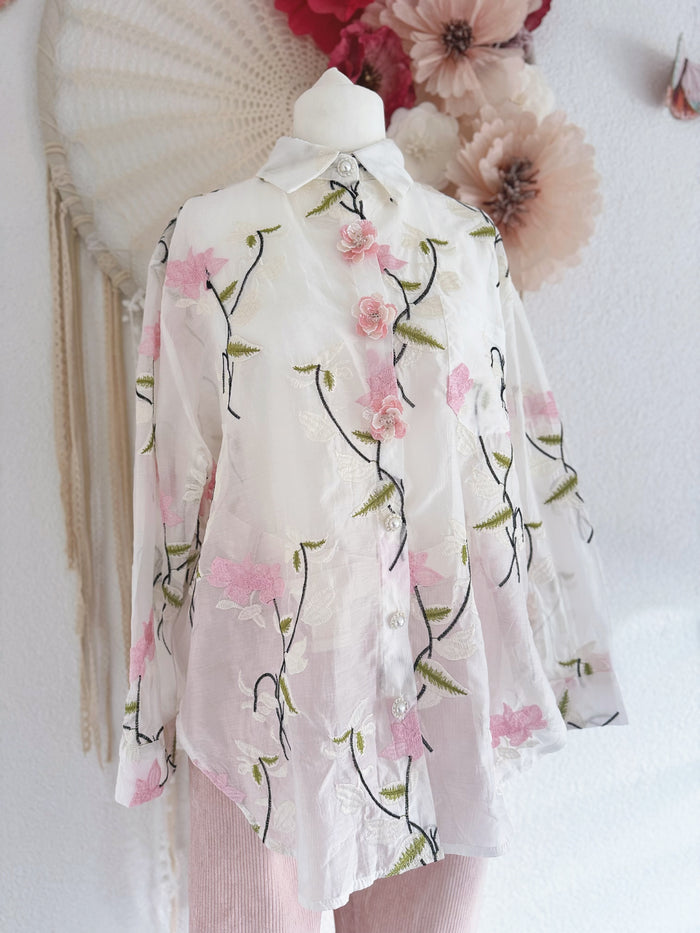 OVERSIZED BLUSE MIT BLÜTENSTICKEREIEN IN ROSA - ONE SIZE -