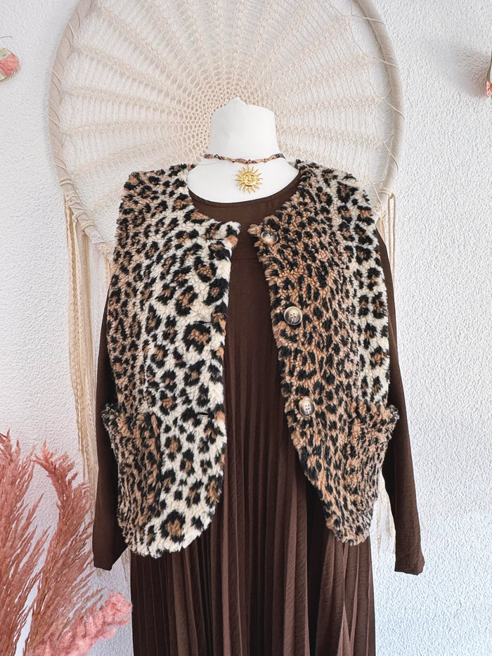 WESTE MIT LEOPRINT UND TEDDYFELL - ONE SIZE -