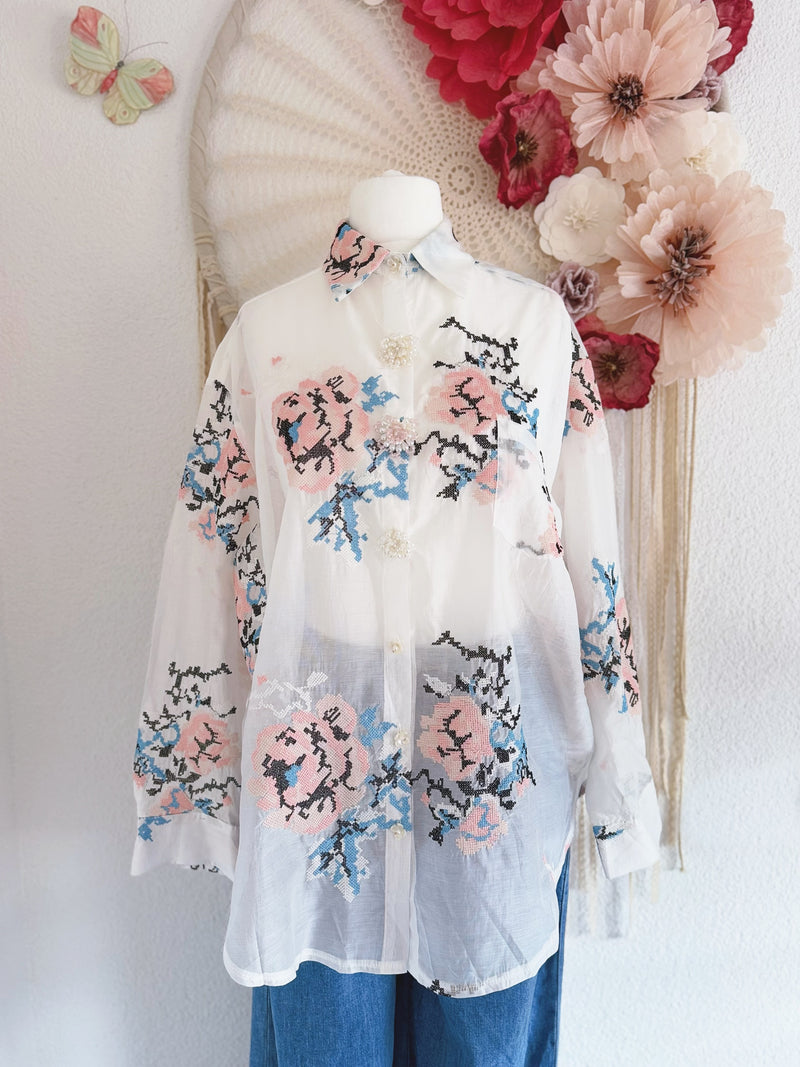 OVERSIZED BLUSE MIT GOBELINSTICKEREI - ONE SIZE -