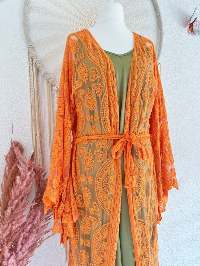 LANGER SPITZENKIMONO IN ORANGE - ONE SIZE -