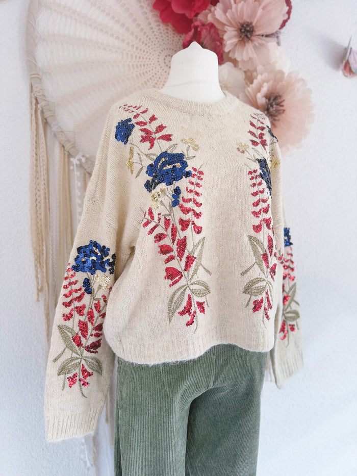 KUSCHELIGER STRICKPULLOVER MIT STICKEREIEN & PAILLETTEN - ONE SIZE -