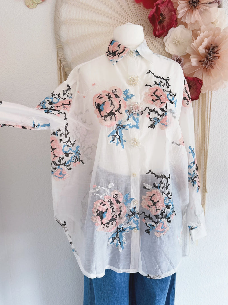 OVERSIZED BLUSE MIT GOBELINSTICKEREI - ONE SIZE -