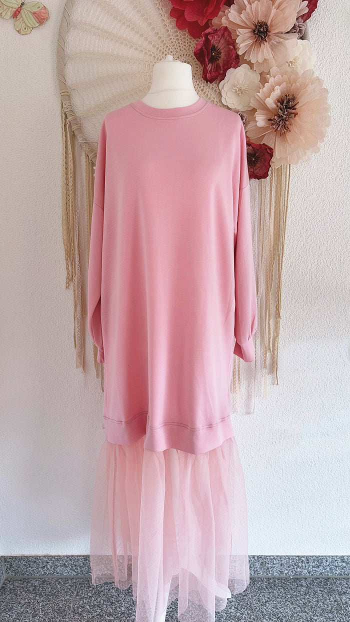 OVERSIZED SWEATERKLEID MIT TÜLL IN ROSA - ONE SIZE -