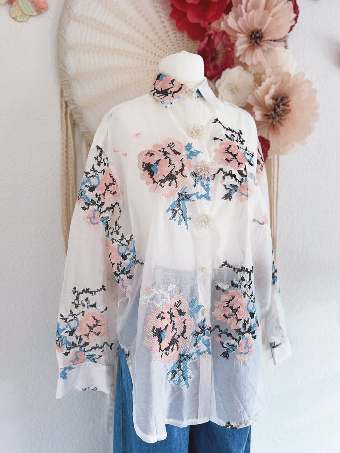 OVERSIZED BLUSE MIT GOBELINSTICKEREI - ONE SIZE -