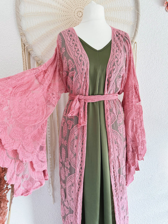 LANGER SPITZENKIMONO IN ROSA - ONE SIZE -