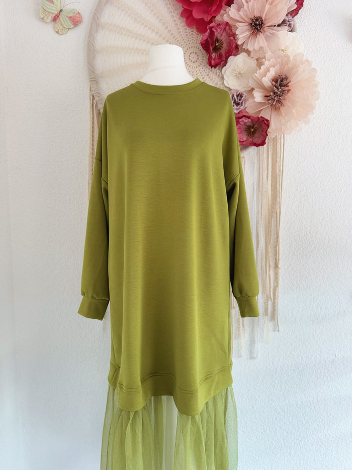 OVERSIZED SWEATERKLEID MIT TÜLL IN KIWI - ONE SIZE -