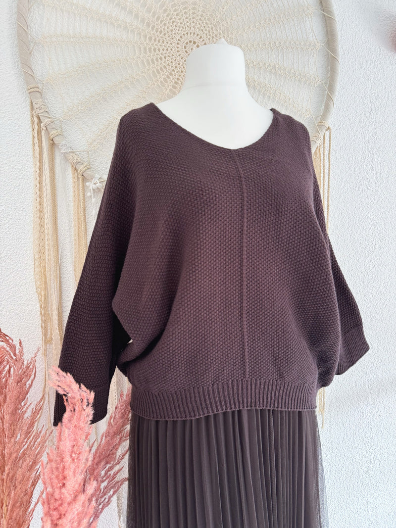 PLISSEEKLEID MIT TÜLL UND STRICKPULLOVER IN BRAUN - ONE SIZE -