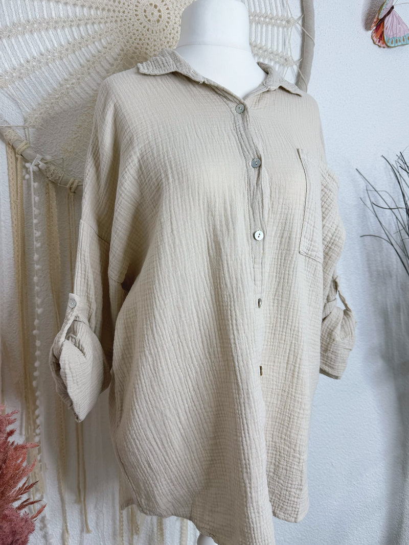 OVERSIZED MUSSELINBLUSE MIT MIT CROCHETSPITZE IN BEIGE - ONE SIZE -