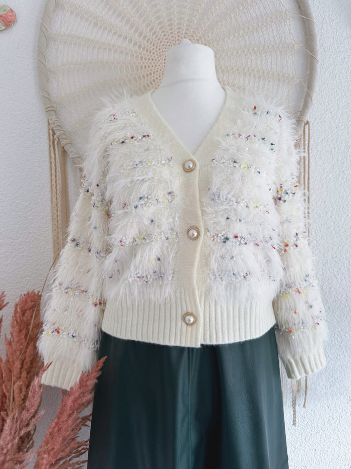 KUSCHELIGER CARDIGAN MIT KONFETTI WOLLE IN CREME - ONE SIZE -