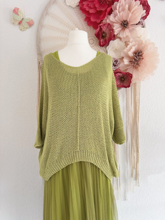 PLISSEEKLEID MIT TÜLL UND STRICKPULLOVER IN KIWI  - ONE SIZE -