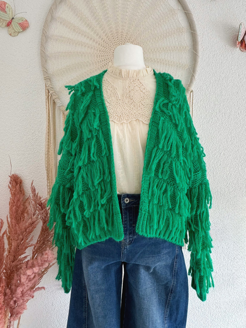 STRICKJACKE MIT FRANSEN IN GRÜN - ONE SIZE -