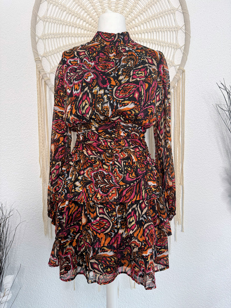 KLEID MIT PRINT UND RÜSCHEN - MODELL A  - VERSCH. GRÖßEN