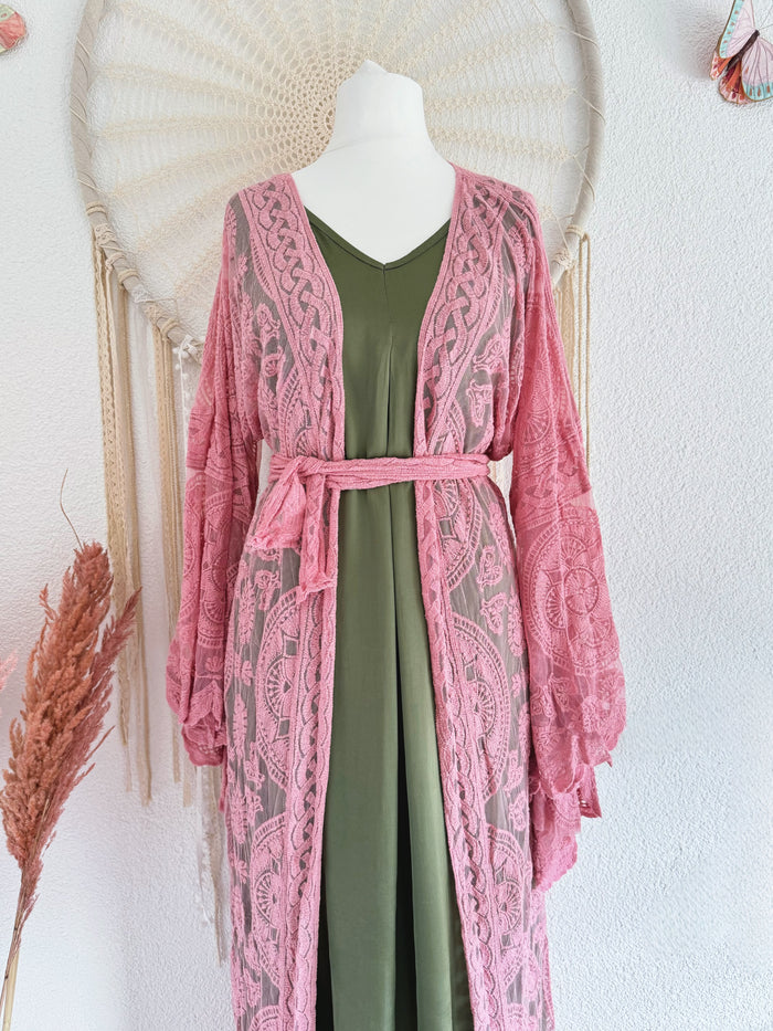 LANGER SPITZENKIMONO IN ROSA - ONE SIZE -