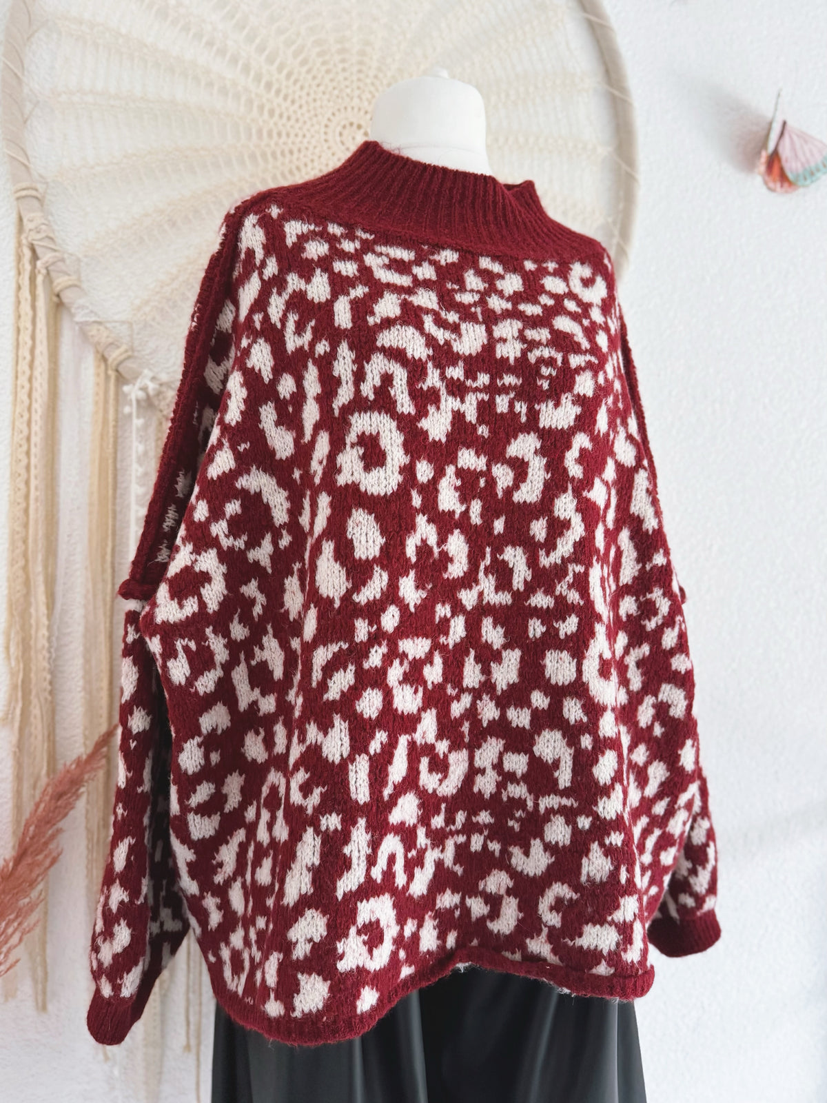 OVERSIZED PULLOVER MIT LEOPRINT IN BORDEAUX - ONE SIZE -