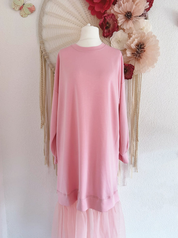 OVERSIZED SWEATERKLEID MIT TÜLL IN ROSA - ONE SIZE -